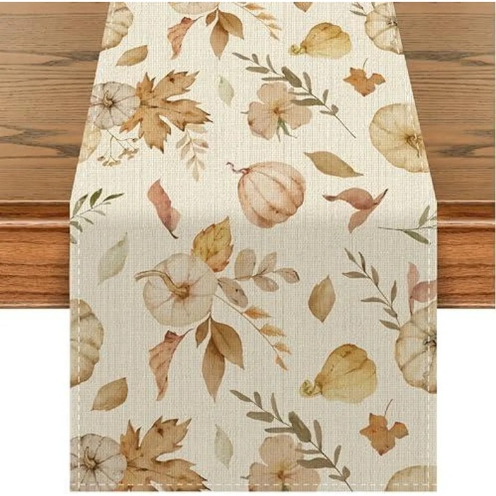 K0345-0808-KFCJ-xw1417 asztali futó, őszi nyomtatás tökökkel és juharlevelekkel, bézs, 40 x 140 cm