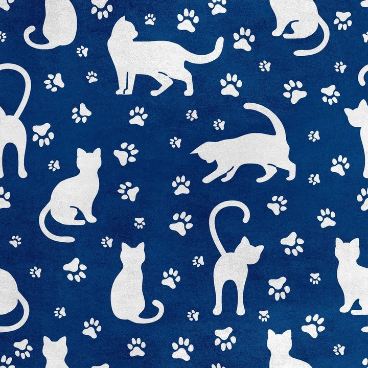 Poliészter bársony textil anyag K0345-0808-KFCJ-xw1411, 280 g/m², macska és fehér mancs mintával kék alapon, szélesség 145 cm (140 cm nyomtatott), kopásállóság 30.000 ciklus