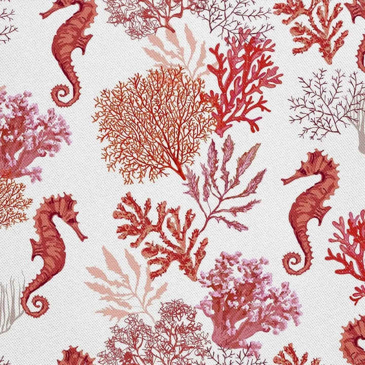 Oxford DX272 kültéri textil anyag tengeri csikó és korall mintával, 100% poliészter, vízálló PU bevonat, 210 g/m², szélesség 155 cm, fehér/piros, méterre kapható