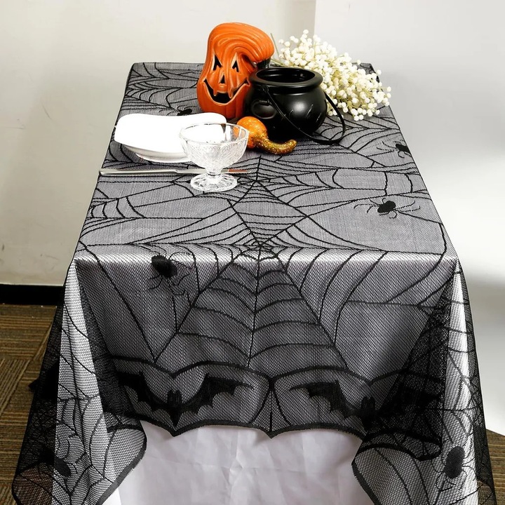 Halloween tüll asztalterítő pókháló mintával, fekete, téglalap alakú, 122 x 244 cm