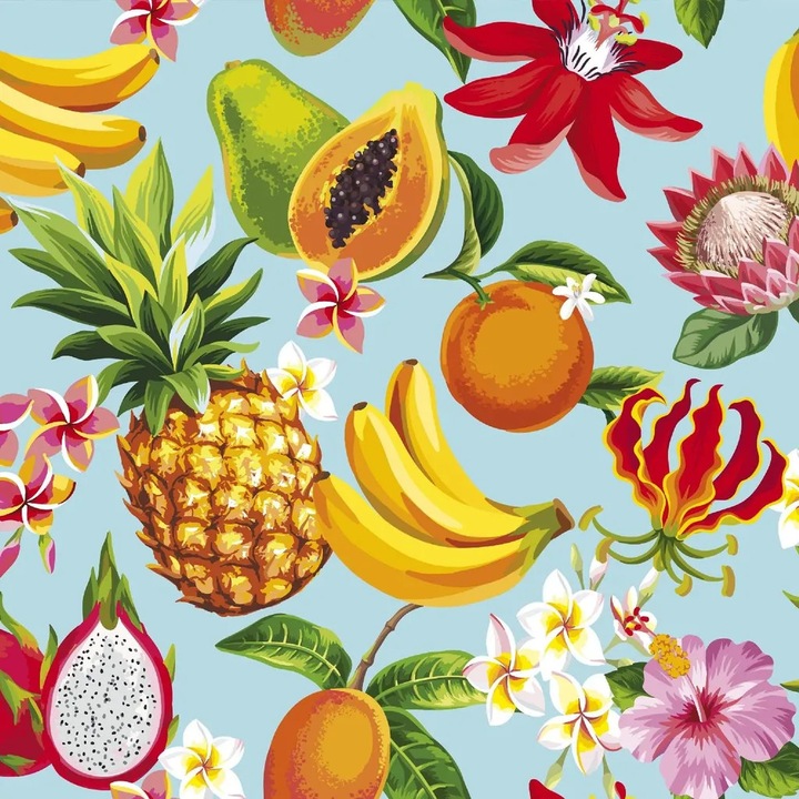 Oxford K0345-0808-KFCJ-xw254 kültéri textil anyag, 100% poliészter, PU bevonat, 210 g/m², szélesség 155 cm, egzotikus gyümölcs minta, többszínű, méteráru