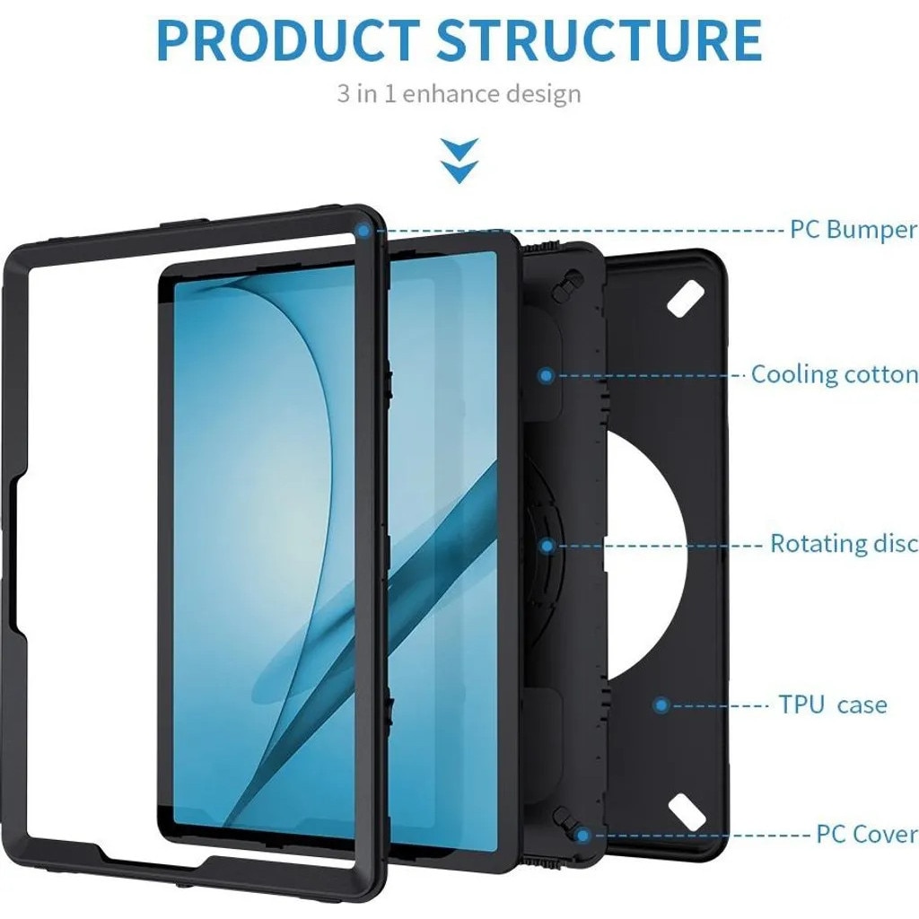 Husa pentru Samsung Galaxy Tab S7 FE K0345-0808-KFCJ-xw212, rezistenta, cu suport rotativ, maner si curea de umar, negru