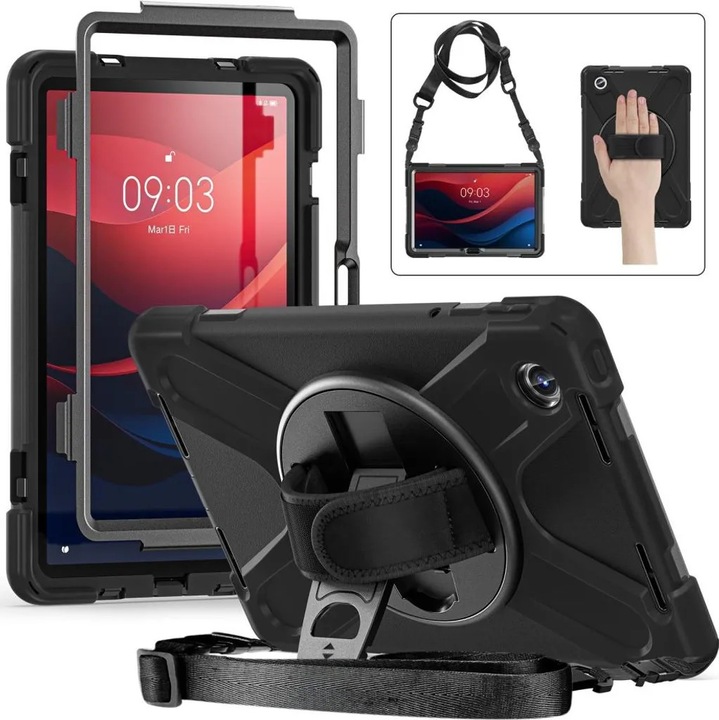 Husa heavy-duty pentru tableta Lenovo Tab M11, suport rotativ 360°, banda pentru mana si curea de umar reglabila, negru, K0345-0808-KFCJ-xw282