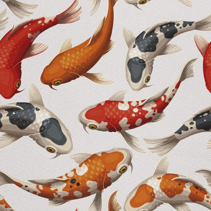 Kültéri Oxford textil anyag Koi-Karpfen DX453 mintával, 100% poliészter, egyoldalas PU bevonat, vízálló, többszínű, 210 g/m², szélesség 155 cm, méterre eladó
