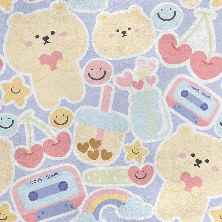 Textil bársony poliészter anyag K0345-0808-KFCJ-xw1666, pasztell maci szívvel mintával, 280 g/m², szélesség 145 cm (nyomtatás 140 cm), többszínű, mosható 30°C