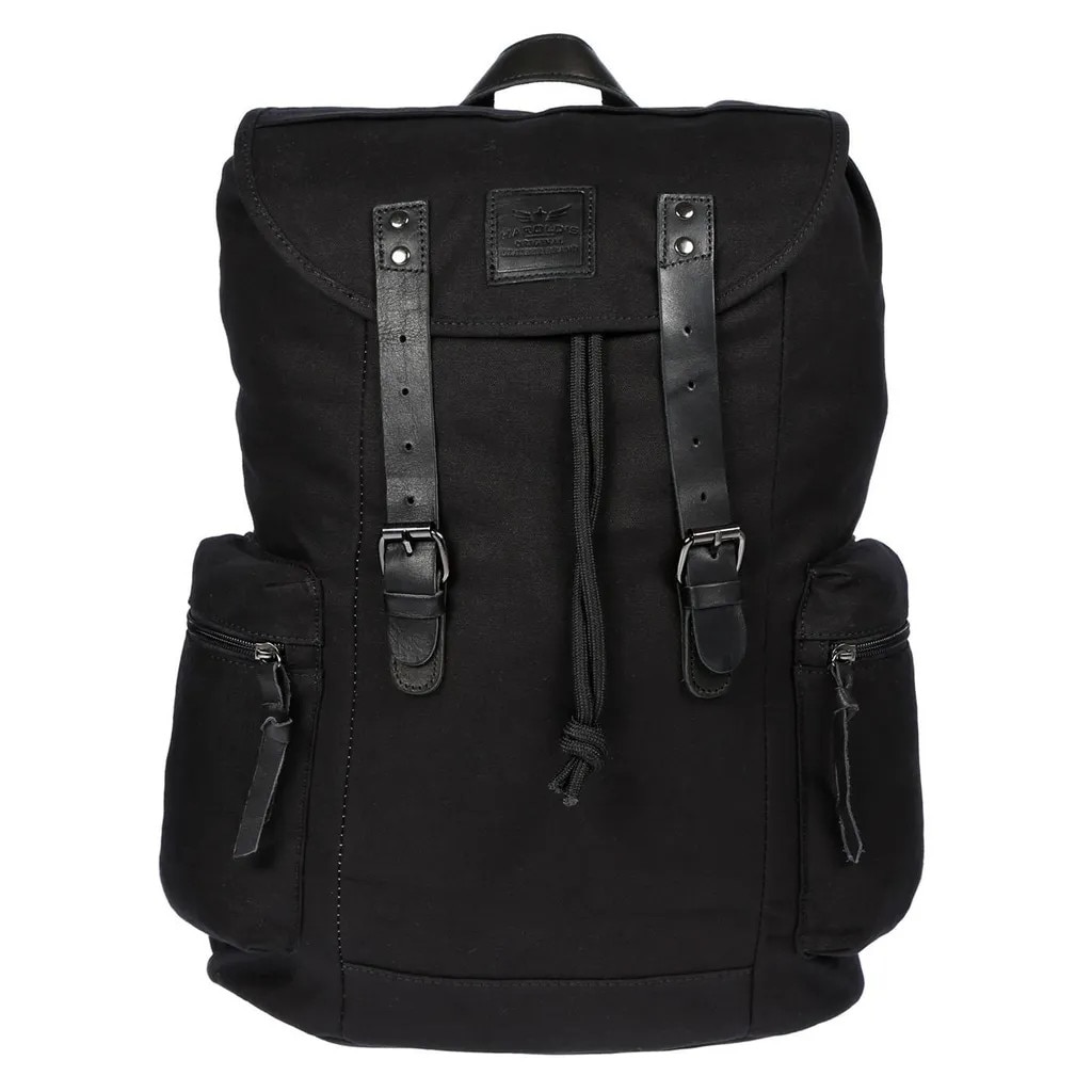 Rucsac din canvas cu detalii din piele de bovina, compartiment pentru laptop 17 inch, buzunare laterale cu fermoar, spate si bretele captusite, negru, 34 x 46 x 16 cm