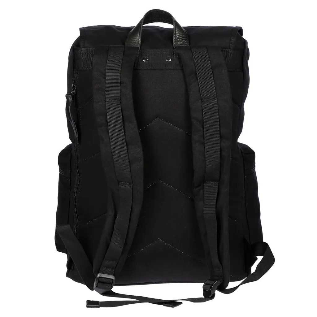 Rucsac din canvas cu detalii din piele de bovina, compartiment pentru laptop 17 inch, buzunare laterale cu fermoar, spate si bretele captusite, negru, 34 x 46 x 16 cm
