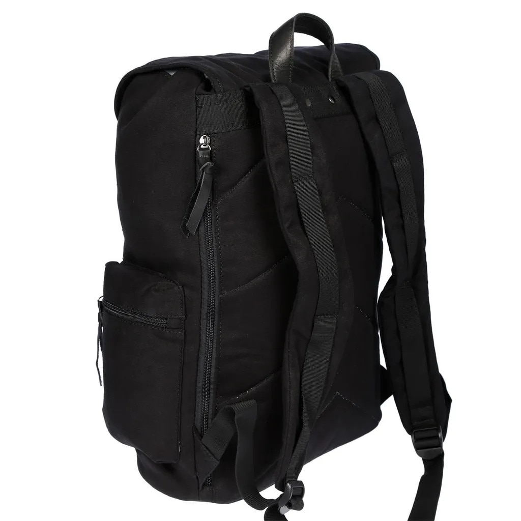 Rucsac din canvas cu detalii din piele de bovina, compartiment pentru laptop 17 inch, buzunare laterale cu fermoar, spate si bretele captusite, negru, 34 x 46 x 16 cm