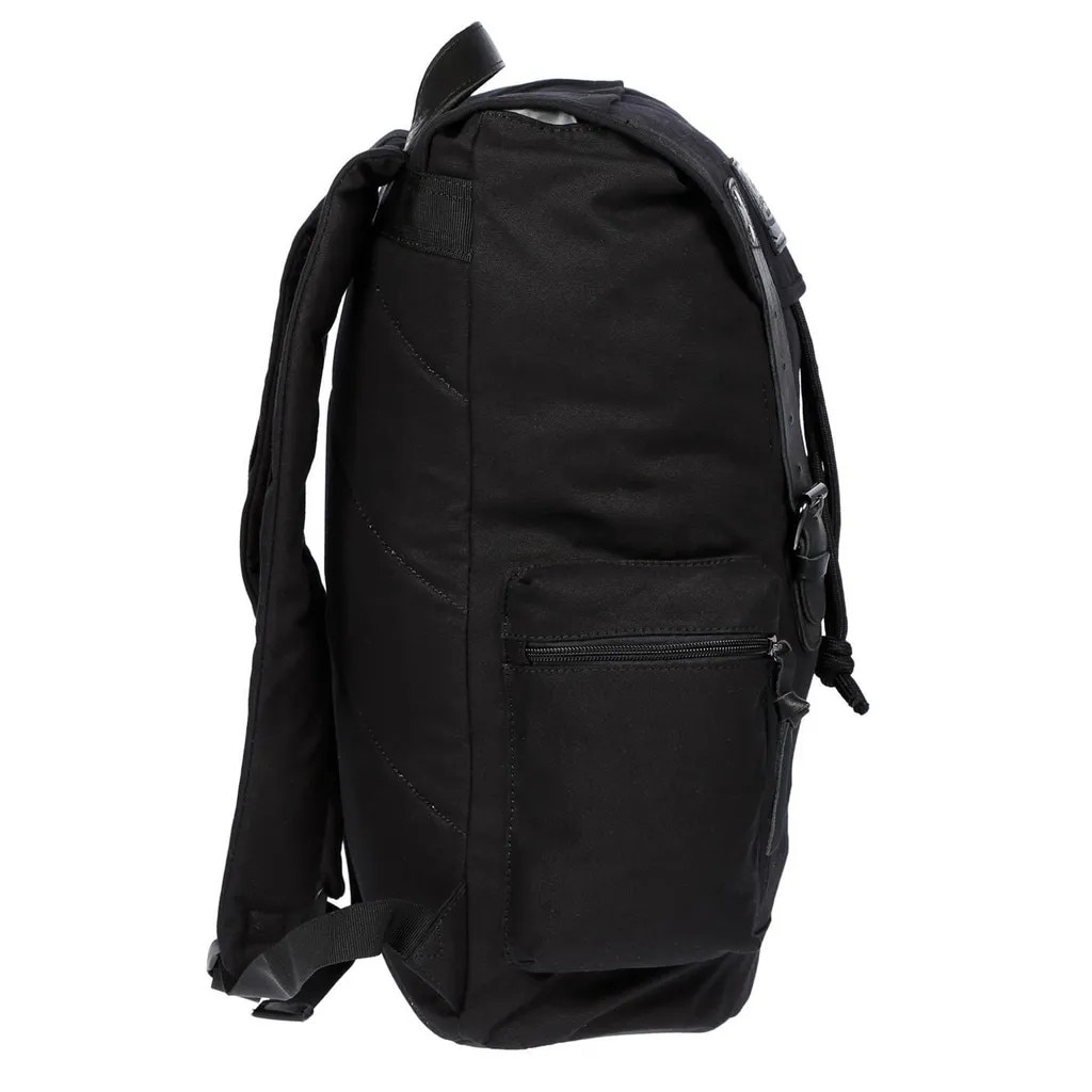 Rucsac din canvas cu detalii din piele de bovina, compartiment pentru laptop 17 inch, buzunare laterale cu fermoar, spate si bretele captusite, negru, 34 x 46 x 16 cm
