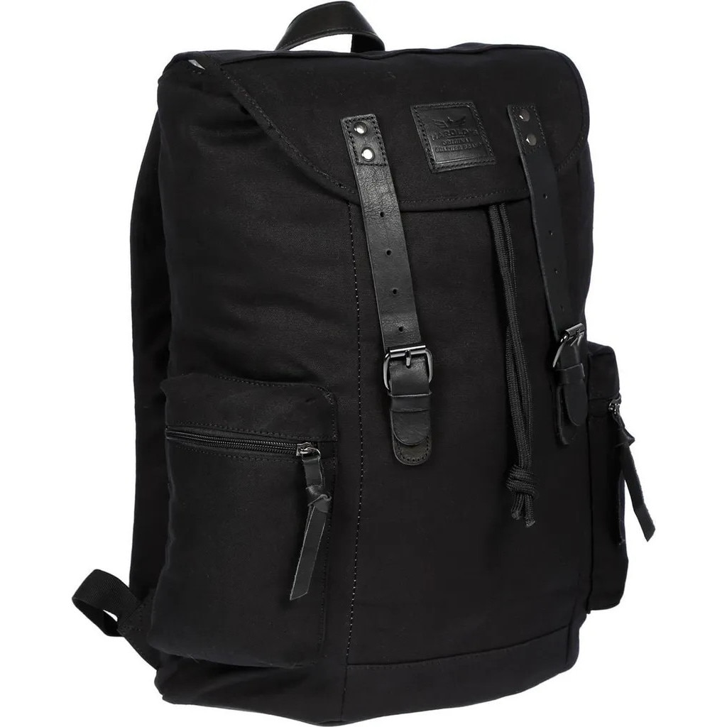 Rucsac din canvas cu detalii din piele de bovina, compartiment pentru laptop 17 inch, buzunare laterale cu fermoar, spate si bretele captusite, negru, 34 x 46 x 16 cm