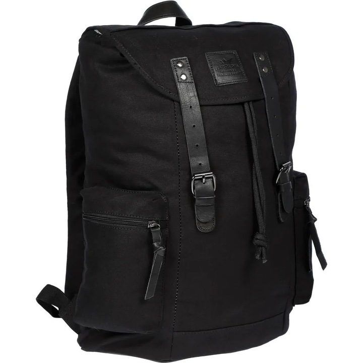 Rucsac din canvas cu detalii din piele de bovina, compartiment pentru laptop 17 inch, buzunare laterale cu fermoar, spate si bretele captusite, negru, 34 x 46 x 16 cm