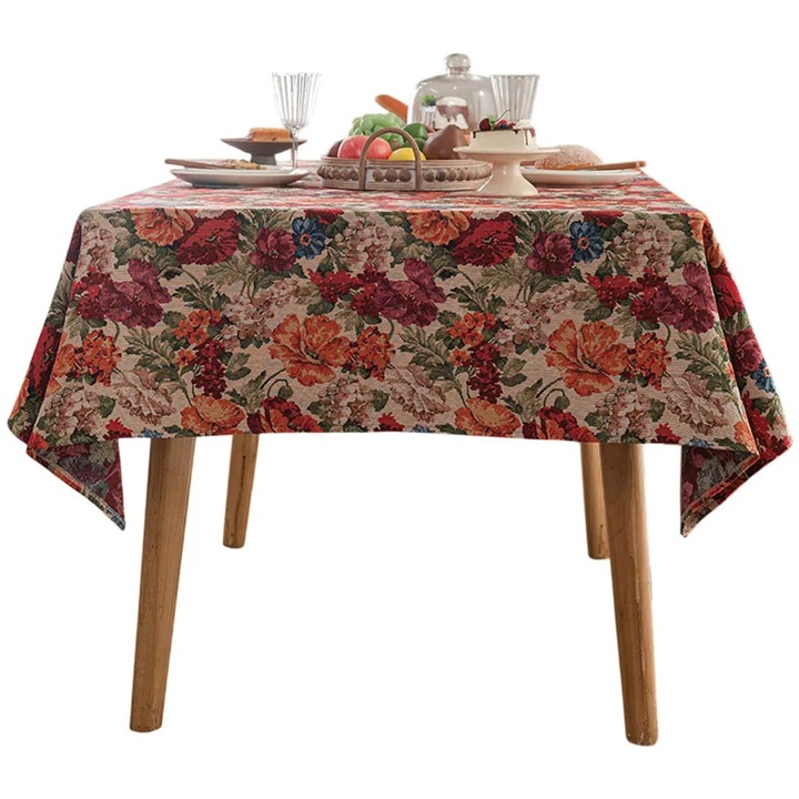 Téglalap alakú pamut és lenvászon asztalterítő jacquard virágmintával, többszínű, 140 x 180 cm