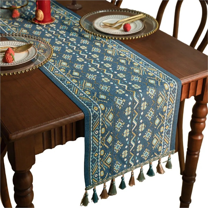Bohó jacquard asztali futó rojtokkal, kék, 33 x 140 cm
