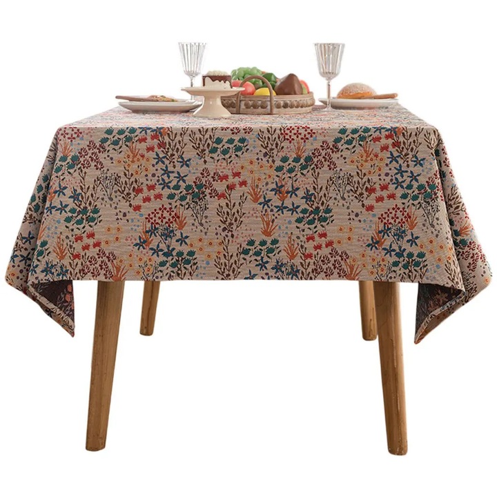 K0345-0808-KFCJ-xw7973 asztalterítő, pamut és len jacquard, virágmintás, többszínű bézs, 140 x 240 cm