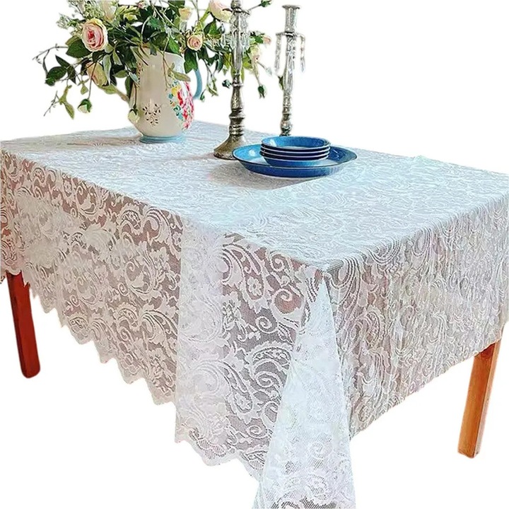 Téglalap alakú csipketerítő virágmintával K0345-0808-KFCJ-xw7623, fehér, 140 x 180 cm