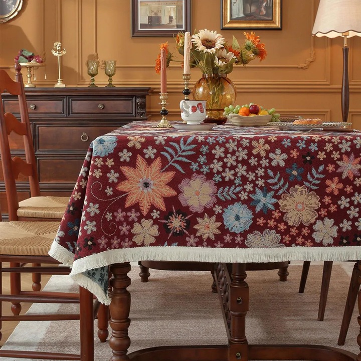 K0345-0808-KFCJ-xw7654 téglalap alakú asztalterítő, vintage virágmintás rojtokkal, piros, 140 x 220 cm