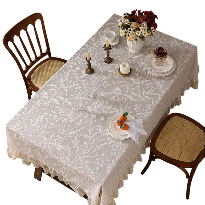 Vintage csipketerítő poliészterből, hímzett virágmintával és fodrokkal, elefántcsontszín, 140x140 cm, K0345-0808-KFCJ-xw8104 kód