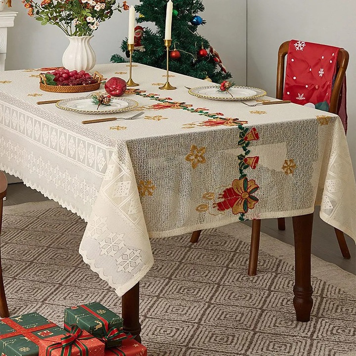 Karácsonyi asztalterítő K0345-0808-KFCJ-xw8702, csipke hímzéssel, Mikulás és csengő motívumokkal, krém, 140 x 200 cm