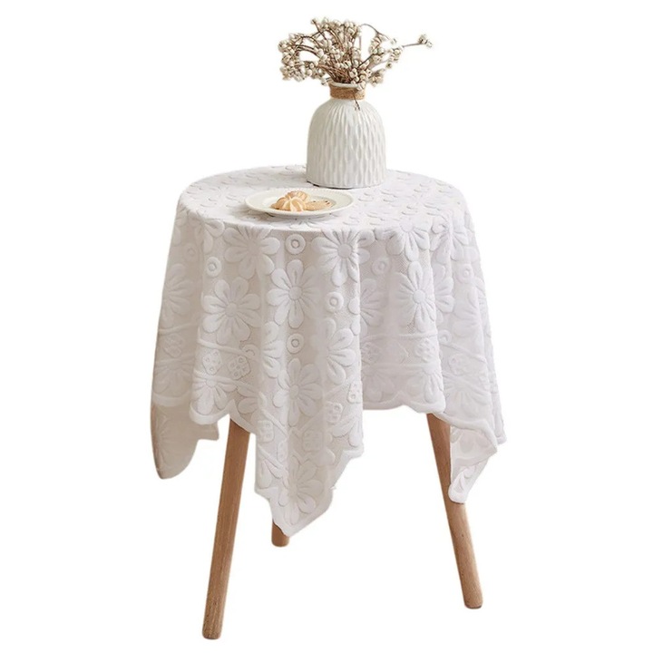 K0345-0808-KFCJ-xw8827 hímzett csipketerítő, poliészter, virágmintás, fehér, 100 x 100 cm / 100 x 200 cm