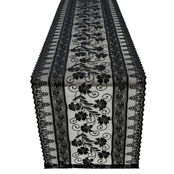 Csipketerítő K0345-0808-KFCJ-xw8409, virágmintás, fekete, 30 x 150 cm, 2 darabos szett