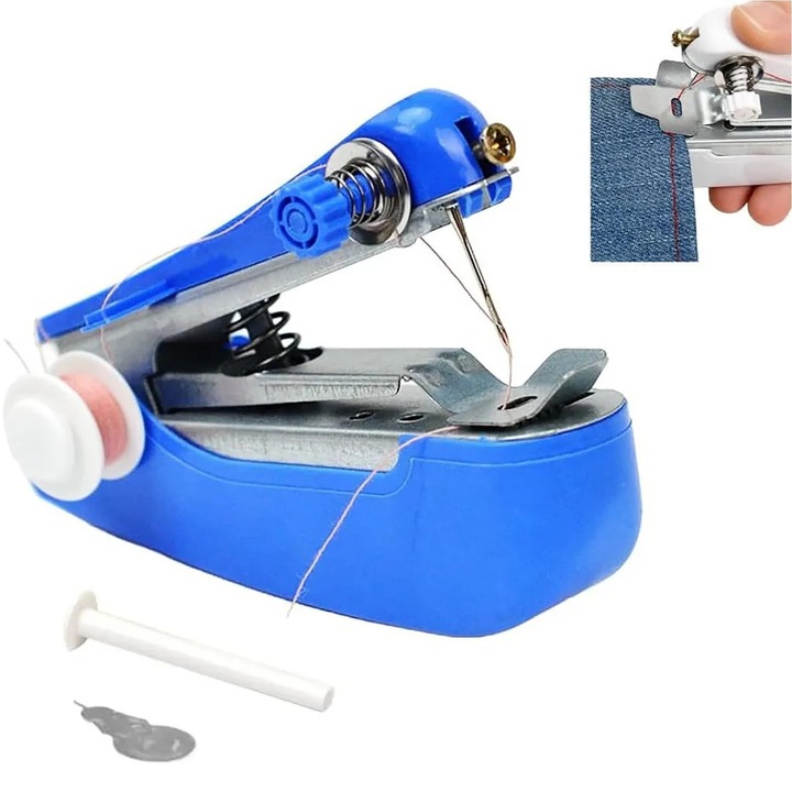Mini masina de cusut portabila K0345-0808-KFCJ-xw8792, manuala pentru reparatii haine si textile, albastru