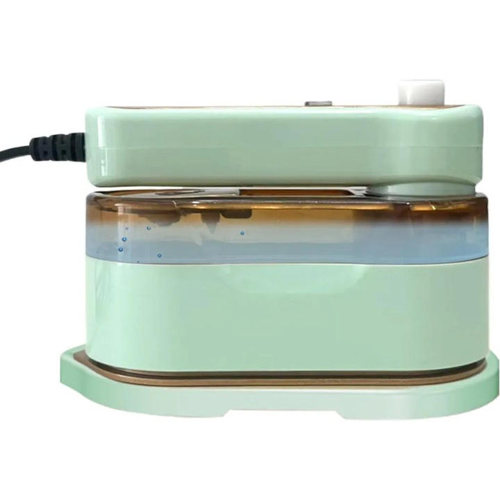 Fier de calcat cu abur portabil pliabil, model K0345-0808-KFCJ-xw10372, maner rotativ 180°, rezervor transparent, verde menta, pentru calatorii
