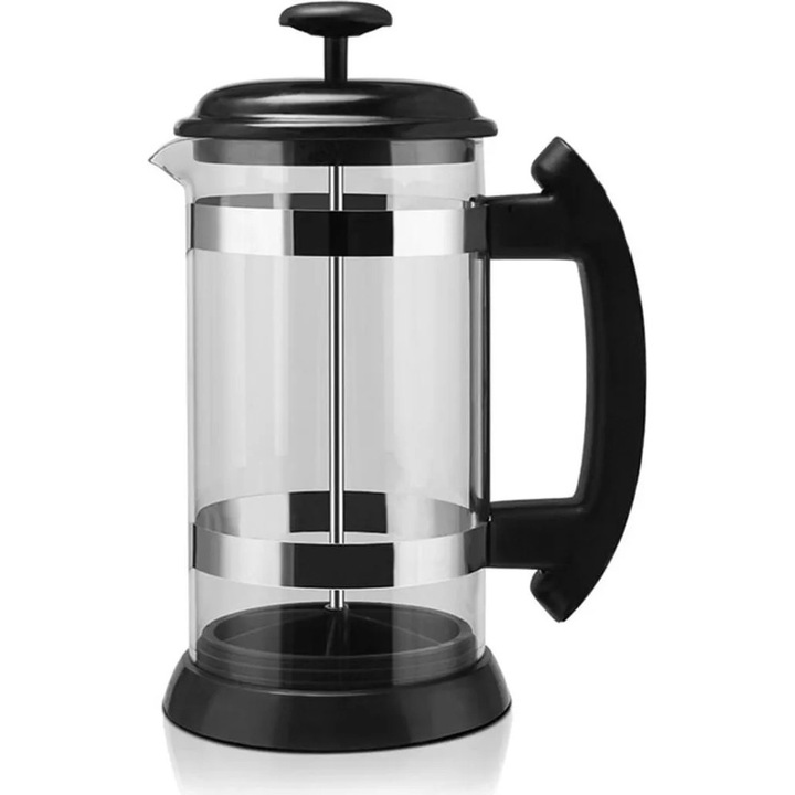 Cafetiera French press K0345-0808-KFCJ-xw10602, sticla cu filtru din otel inoxidabil, negru/argintiu, 1 L