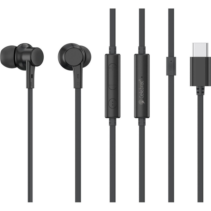 Casti in-ear Celebrat G40-BK, driver 10 mm, microfon incorporat si telecomanda in-line, conexiune USB-C, cablu 1.2 m, negru