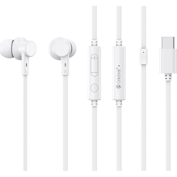 Casti in-ear Celebrat G40-WH, USB-C, difuzoare 10 mm, microfon integrat si telecomanda in-line, cablu 1.2 m, alb
