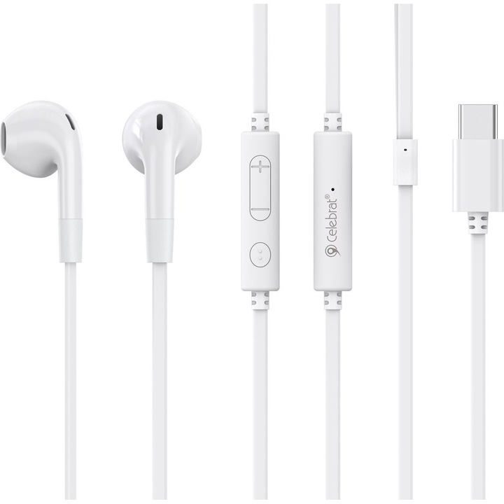 Casti cu fir Celebrat G39-WH, USB-C, difuzoare 14 mm, microfon incorporat, control in-line, cablu 1.2 m, alb