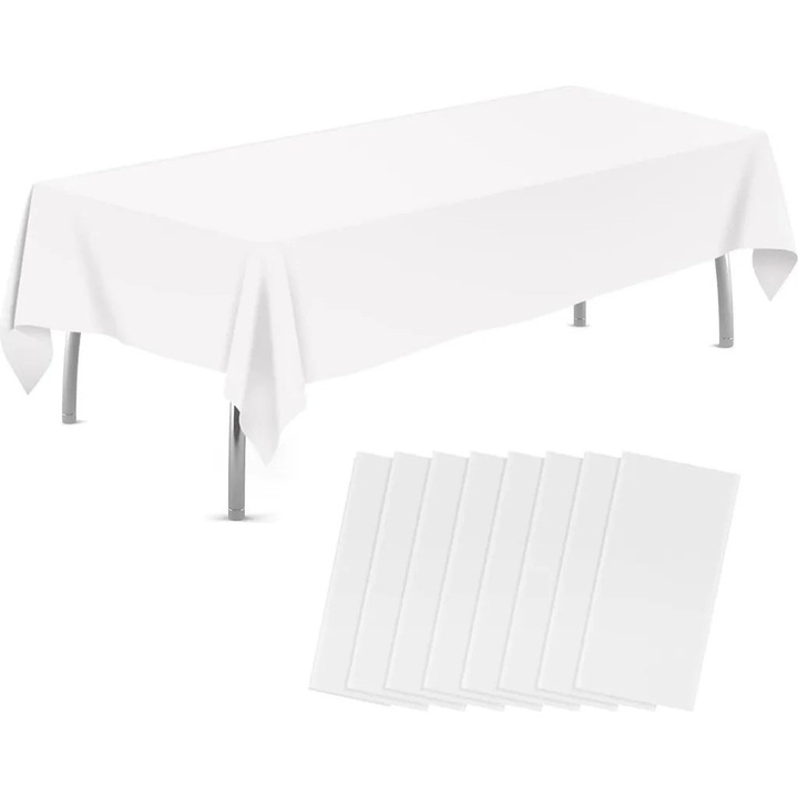 K0345-0808-KFCJ-xw12469 műanyag asztalterítő, egyszer használatos, téglalap alakú, fehér, 137,2 x 274,3 cm, 8 db-os szett.