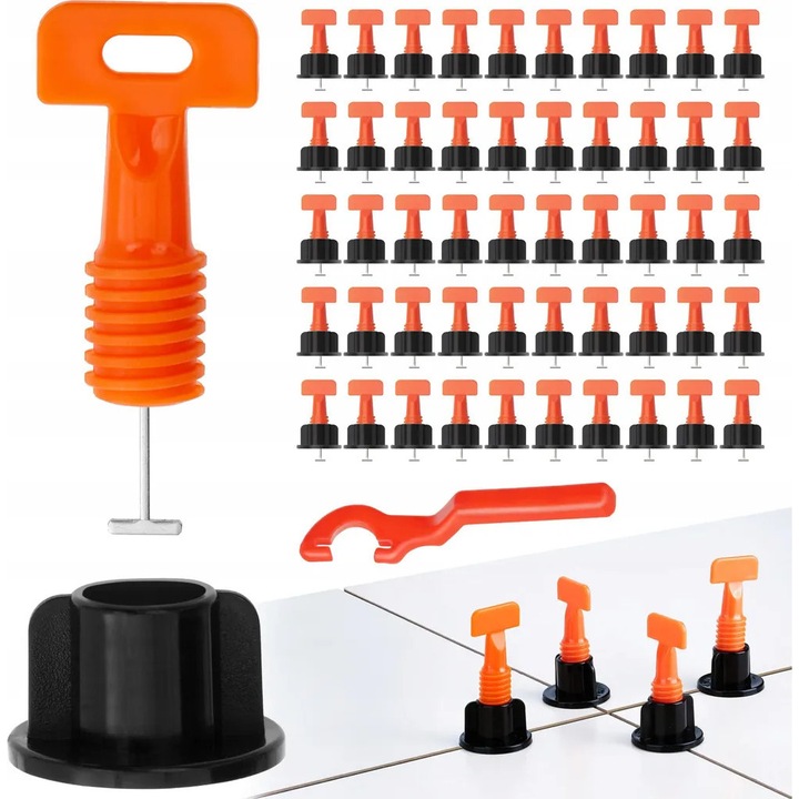 Set sistem de nivelare placi ceramice K0345-0808-KFCJ-xw18045, cleme cu pini schimbabili pentru grosime 3–17 mm si rost 1 mm, portocaliu/negru, 50 cleme + cheie