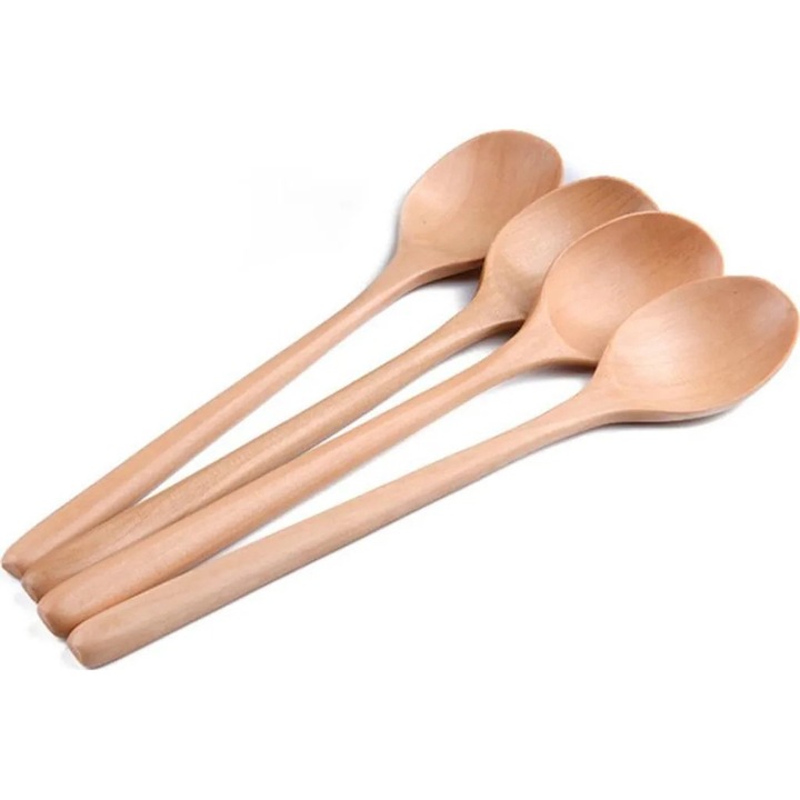 Linguri de lemn cu maner lung K0345-0808-KFCJ-xw16383, set 4, pentru miere, cafea si ceai, natural