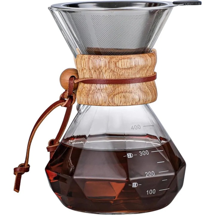 Infuzor pour-over pentru cafea K0345-0808-KFCJ, sticla borosilicata, filtru metalic fin din otel inoxidabil reutilizabil, maner banda de lemn cu snur din piele, transparent, 400 ml