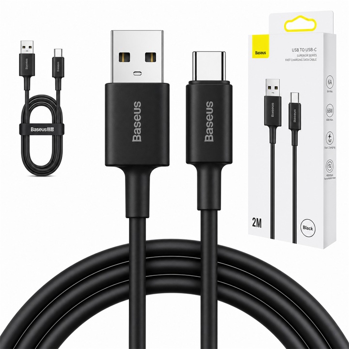 Baseus Superior USB-A-USB-C kábel, 2,0 m, 66W, fekete