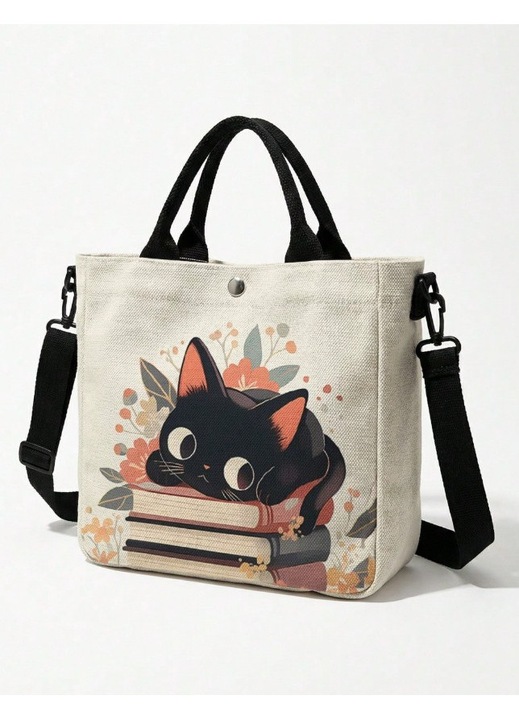 Mini geanta tote dama din panza cu imprimeu pisica, inchidere cu capse, curea crossbody detasabila, model multifunctional