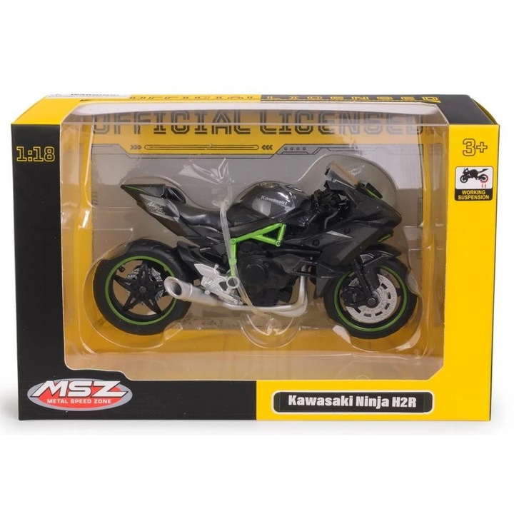 MSZ Kawasaki Ninja H2R motorkerékpár modell 1:18, gumi kerekek, működő felfüggesztés, többszínű, kód 777479