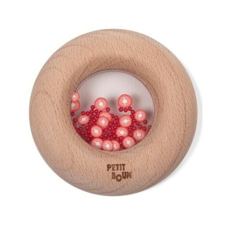 Дървена сензорна дрънкалка Petit Boum, модел Pomidorki 770455, многоцветна, бебешки пръстен