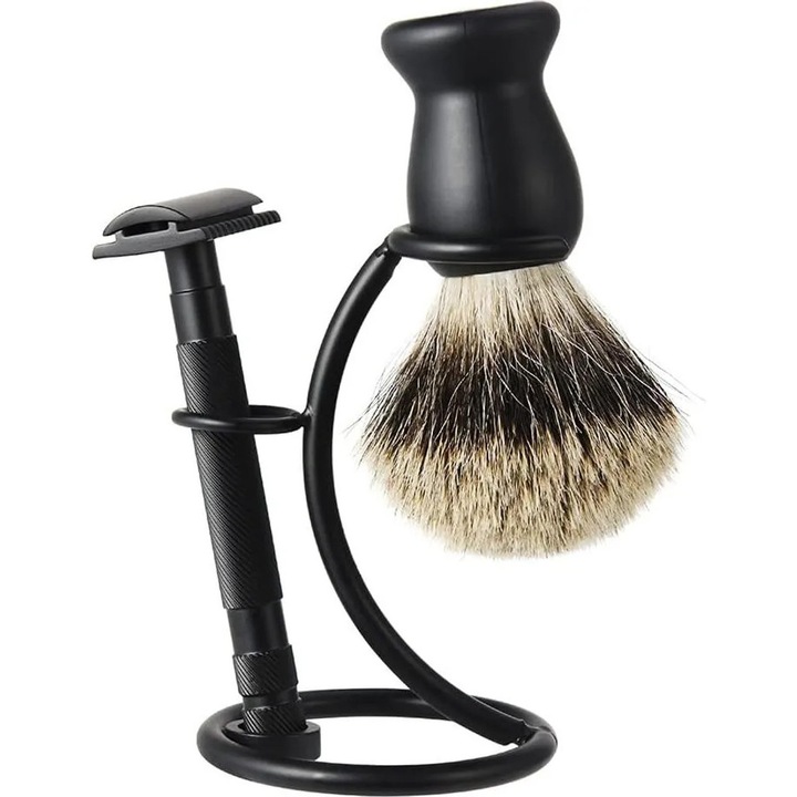 Suport pentru pensula de barbierit si aparat de ras K0345-0808-KFCJ-xw22184, design 2-in-1 curbat, negru