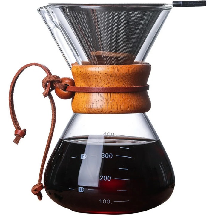 Filtru pour-over pentru cafea K0345-0808-KFCJ-xw21933, filtru permanent din otel inoxidabil, carafa din sticla cu guler din lemn si curea din piele, Multicolor, 400 ml