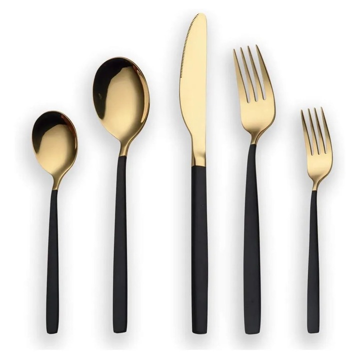 Set tacamuri 30 piese K0345-0808-KFCJ-xw22926, inox 18/0, finisaj titan auriu vacuum cu manere negre, pentru 6 persoane, lavabil in masina de spalat
