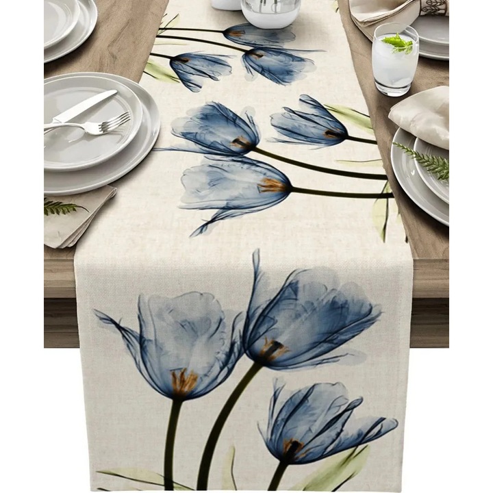 K0345-0808-KFCJ-xw25448 asztali futó, lenvászon, virágmintás tulipánokkal, csúszásgátló, kék/bézs, 33 x 183 cm