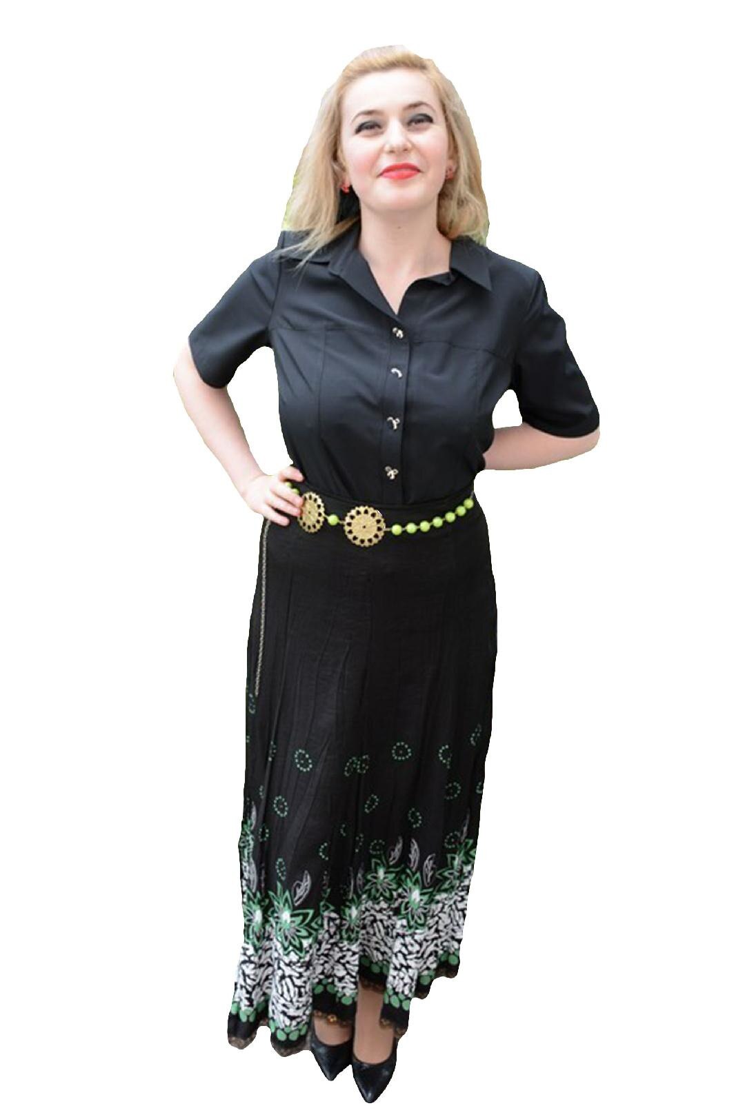 Fusta lunga cu imprimeu floral alb-verde, D&J Exclusive, Negru