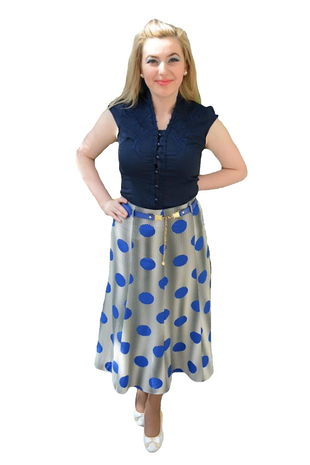 Fusta rafinata cu buline rosii, de primavara-vara, masura mare, D&J Exclusive, Albastru