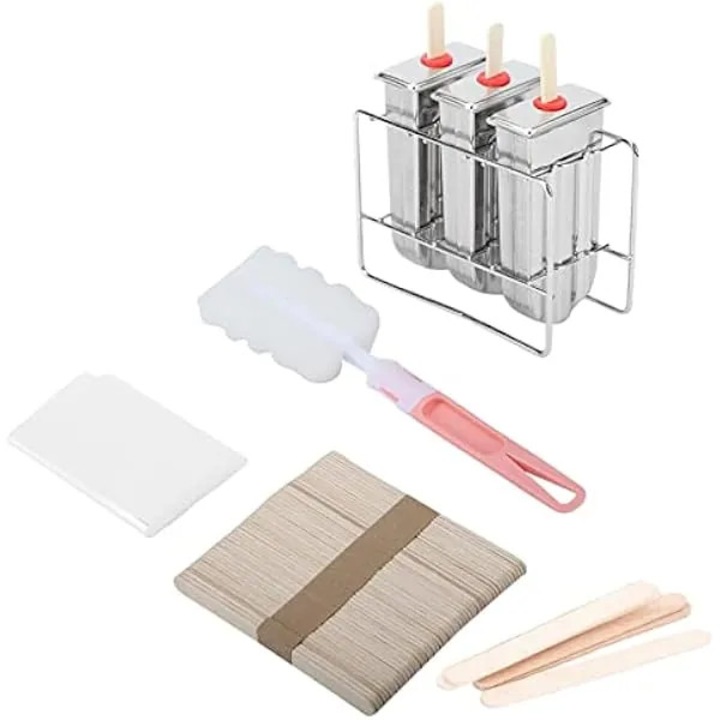 Forme pentru inghetata pe bat K0569-260808-117-AMC, din otel inoxidabil 304, set 3, cu manere etanse, suport metalic, paleta si betisoare, inox
