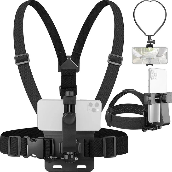 Комплект стойка за телефон 3-в-1 K0345-0808-KFCJ-xw24882, съвместим с GoPro и екшън камери, стойка за гърди/глава/врат, черен