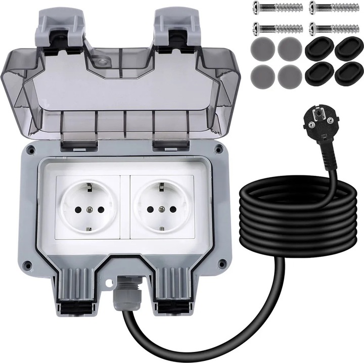 Priza de exterior dubla K0345-0808-KFCJ-xw27227, 2x priza Schuko 16A 220–240V, IP66, cablu 5 m, gri/transparent