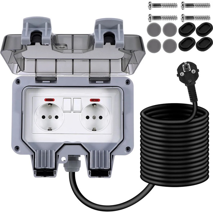 Priza de exterior dubla K0345-0808-KFCJ-xw27241, 2x priza Schuko 16A cu intrerupatoare, IP66, cablu 10 m, 220–240V