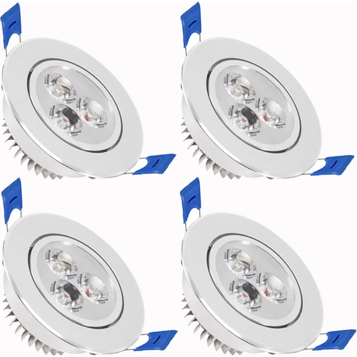 Комплект от 4 вградени LED спота K0345-0808-KFCJ-xw27257, 3 W, 1200–1400 lm, насочващи се, топло бяла светлина, диаметър на изрязване 70 мм, външен диаметър 85 мм, 4 x драйвери, недимируеми