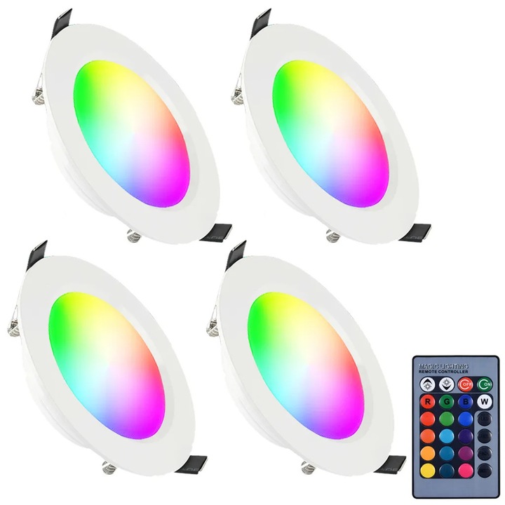 Комплект от 4 вградени LED спота RGB 5W K0345-0808-KFCJ-xw27380, димируеми с дистанционно управление, многоцветни, външен диаметър 94 мм, изрез 70 мм, ъгъл 160°